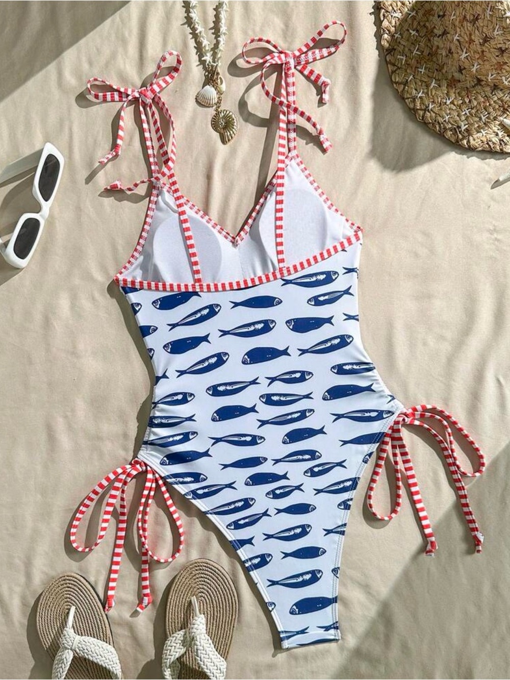 Navy Fish Print One-Piece Swimsuit with Red Stripe Trim - Picture 4 of 4